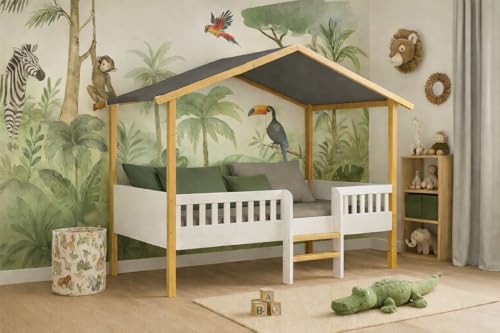 KONTARBOOR Cama cabaña infantil sobre PILOTI 90x190 cm de madera natural y blanca + somier. (sin colchón)