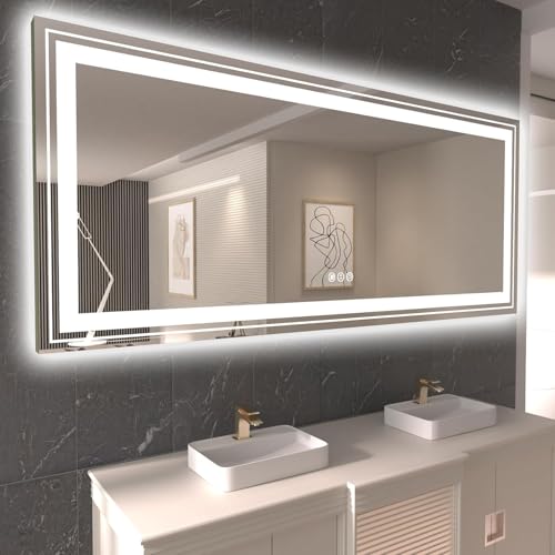 LED Bathroom Mirror, 84"X32" with Front and Backlit, Anti-Fog, Large Bathroom Vanity Mirror for Wall, Memory Function, Stepless Dimmable, Tempered Glass (Horizontal/Vertical)