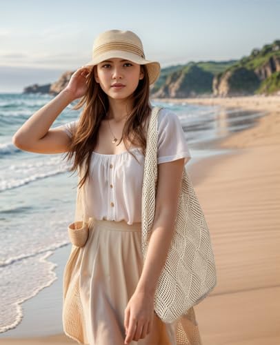 Image of CATMICOO Crochet Beach Bag Tote: Small Knit Bag Summer Shoulder Bag for Vacation