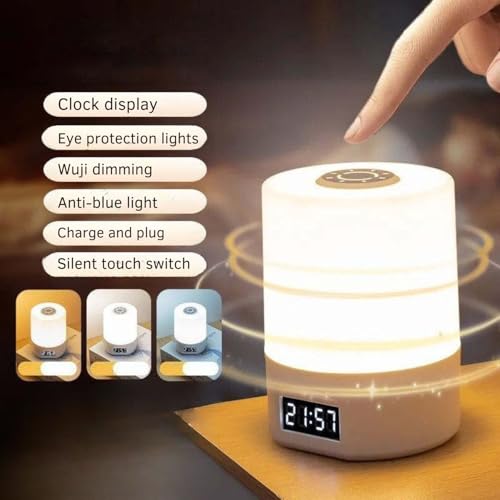 Image of One94Store LED Touch Table Lamp with Built-in Clock & Alarm - Rechargeable Oval-Shaped, Dimmable 3-Color Night Light with Time Setting Option at Back for Bedroom, Office & Home Decor