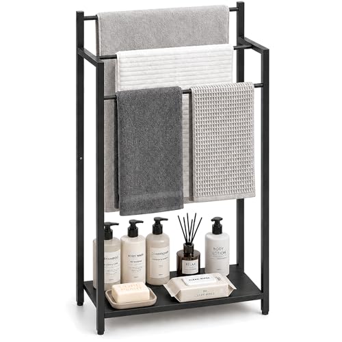 16.9″ W Freestanding Towel Rack with Black Wood Shelf | 3 Tier Blanket Ladder Stand for Bathroom Living Room, Metal Frame,31.5″H x 16.9″W x7.9″D