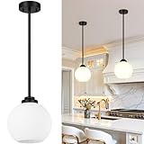2 Pack 7.2-Inch Globe Pendant Lights, Mid Century Matte Black Pendant Light Fixtures, Globe Pendant Lights Kitchen Island with Milk Glass Shade Hanging Fixture for Dining Room Bulbs not Included