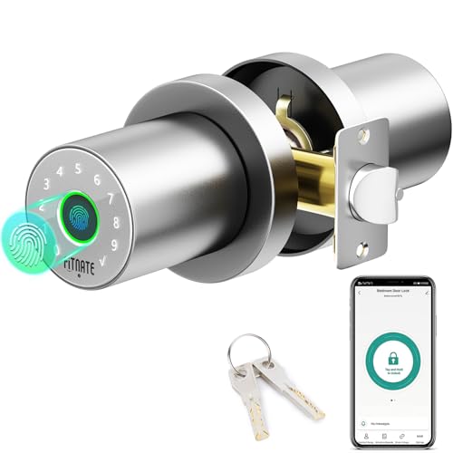 FITNATE 4 en 1 Smart Fingerprint Door Lock - Desbloqueo por huella dactilar, desbloqueo por contraseña, control por aplicación, llave de emergencia, apto para oficina, hogar y hotel, plateado