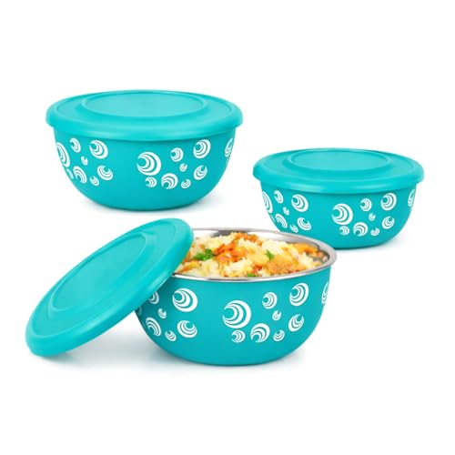 Image of Microwave Safe Stainless Steel Food Storage Container with Lid | Euro Mixing Bowl Set for Kitchen | 500ml, 800ml, 1250ml | Pack of 3(Classic Turq. Spiral)