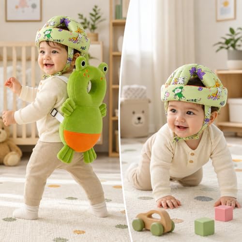 Image of GLUN Baby Back Protector with Head Protective Hat Combo Set, Cute Frog Shape Soft Cushioning, Adjustable Shoulder Belt, Head Protection Gear for 6-18 Month Toddler Kids
