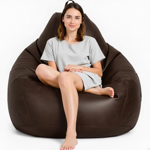 Image of 5XL Premium Leatherette Bean Bag with Rectangular Footrest & Cushion | High Density EPS Beans Filled | Teardrop Shape with Handle | 6 Months Warranty (Brown, 5XL Single, Solid)