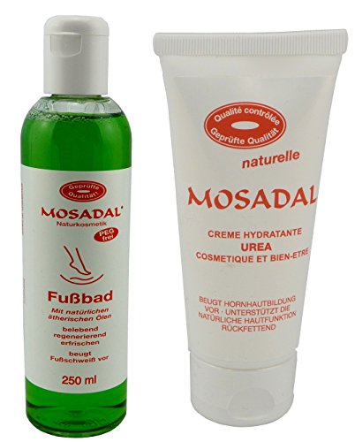 Mosadal Fußbad 250ml Fußschweiß vorbeugend belebt-regeneriert und Creme Hydratante Urea 100ml - Geprüfter Hornhautentferner für die Fußpflege