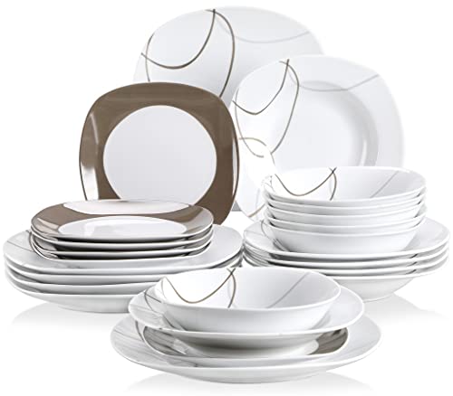 VEWEET NIKITA Juegos de Vajillas Elegantes 24 Piezas de Porcelana con 6 Cuencos de Cereales, 6 Platos Llanos, 6 Platos de Postre y 6 Platos Hondos para 6 Personas, Diseño de Líneas Marrónes