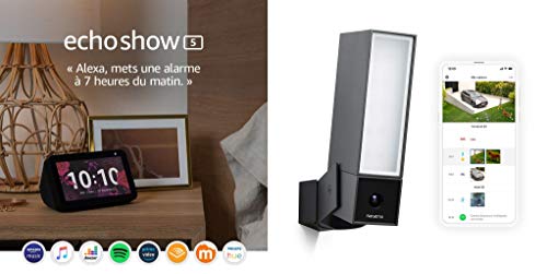 Echo Show 5 + Netatmo Caméra de Surveillance Extérieure Intelligente avec éclairage intégré Presence Sécurité, Détection de Personnes, Voitures et Animaux, Aluminium Noir