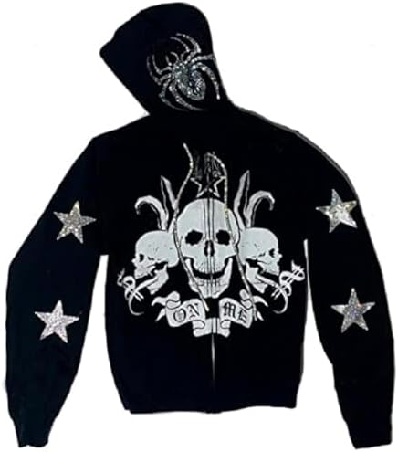 Amazon.com: Y2K Full Zip Up Hoodie Women Men Skeleton Skull Gothic  