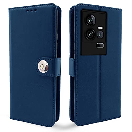 Image of Pikkme iQOO 11 5G Flip Cover Leather Finish | Inside TPU with Card Pockets | Wallet Stand and Shock Proof | Complete Protection Button Flip Case (Blue)