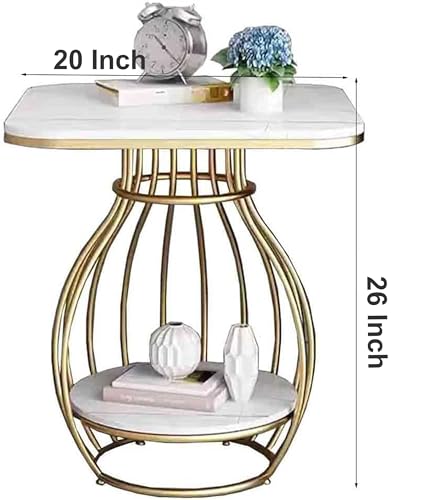 Image of CROWN ART SHOPPEE Modern Side Table Corners Living Room Square Table Double Tier Sofa Side Table,Round Base Coffee Table,Portable Bedroom Nightstands Small Space-Black White