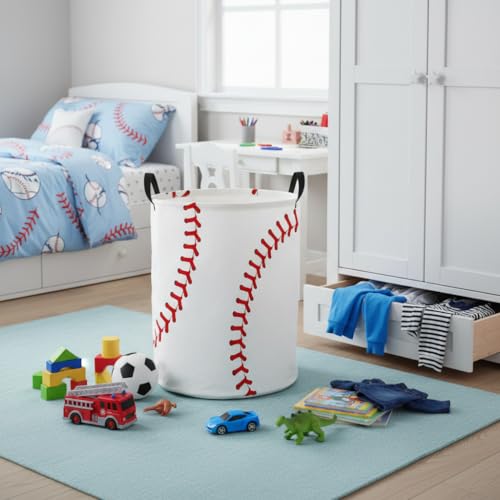 Image of Baby Laundry Basket Baby Nursery Hamper Kids Laundry Basket Toy Storage Bin for Boys Room Decor Gift Baskets for Bedroom Bathroom(Baseball)
