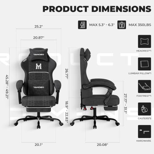 Image of Gaming Chair with Footrest, Ergonomic Computer Chair with Lumbar & Headrest Support for Adults, High Back Office Desk Chair with 360Swivel Wheels for Game and Work, Breathable Fabric,Black