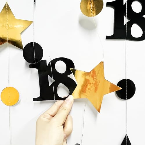 Image of Black Gold 18th Birthday Decorations Number 18 Circle Dot Twinkle Star Garland Streamer Banner Backdrop for Girls Boys Happy 18th Birthday Time to Adult Cheers to 18 Years Old Anniversary Party Deocr
