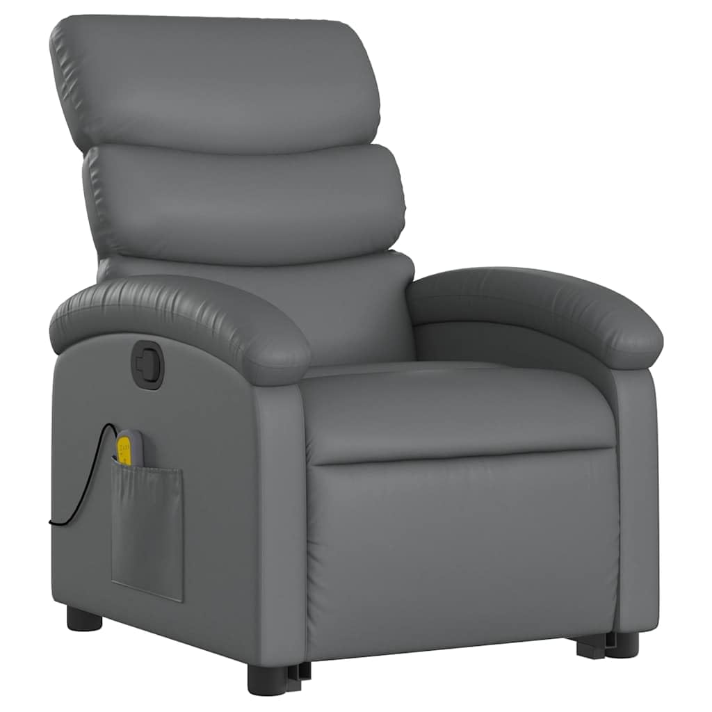 Sillón elevador reclinable con masaje de 6 puntos, color gris, piel sintética, función elevación eléctrica y vibración, estructura estable de madera y metal, bolsillo lateral