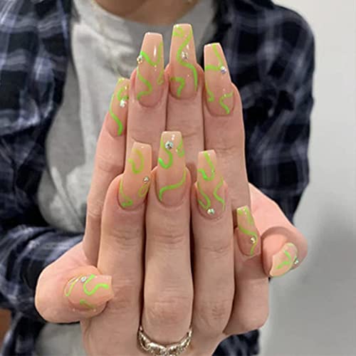 YOSOMK 24Pcs Press on Nails Blue and White Ripples Fake Nails French Almond Glue on Nails Glossy Full Cover False Nails with Glue Press on Nails for Women & Girls (Long Green Wave)