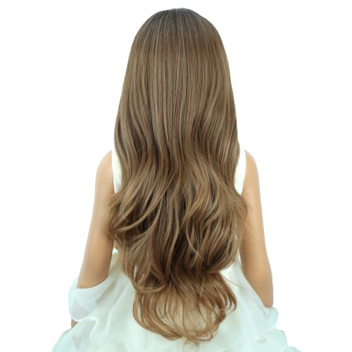 Image of Black Ombre Brown Wig Long Black Ombre Brown Middle Part Wig Long Wavy Curly Wigs Heat Resistant Synthetic Wigs for Daily Party Use