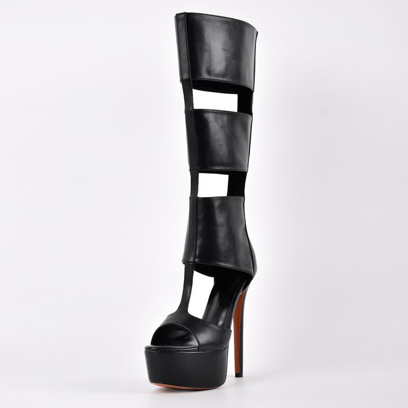 Image of Richealnana Women's Gladiator Knee-High Platform Heels-Stiletto Peep Toe Boots with Back Zipper for Club,Prom,Dance,Sexy