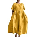 Ydsxlp Sommerkleid Damen Elegant Sommer Einfarbig Kurzarm Blusenkleid Casual Kurzärmliges T-Shirt Kleid Leinenkleid Damen Locker A-Linien Kleider Strandkleid Lose Maxikleid mit Taschen(D Gelb,5XL)