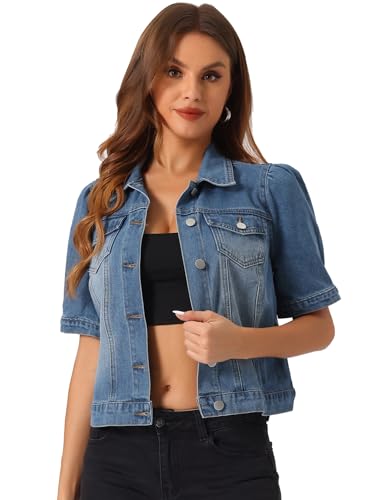 Veste en jean femme Allegra K légère manches bouffantes style moderne