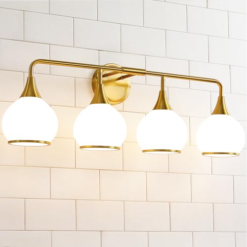 Image of Brass Gold Bathroom Light Fixtures 4-ights Vanity Lights with Milky White Frosted Glass Shade Bathroom Vanity Light 30.7 inch Wall Sconce Lighting Bath(Exclude E26 Bulb)