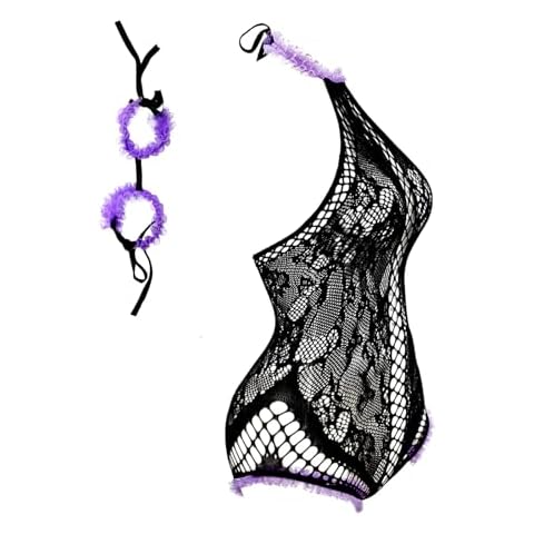 FasiCat Women's Lingerie Fishnet Teddy Lingerie Mesh Bodysuit Fishnet Bodysuit One Piece Stripper Outfit Cover Up for Bikini (black with lace) Cover