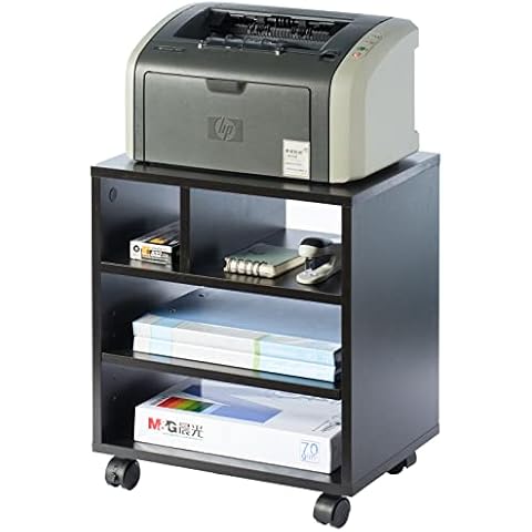 Black Portable Wooden Rolling Side End Corner Printer Table Desk For Home Office Study under Desk Storage, Desk Side Mobile Filling Cabinet 3 Open 2 Closed Storage for Home Office Cover