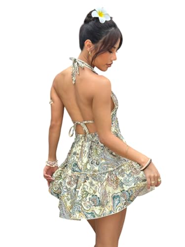 Image of KATECLO Women's Halter Backless Paisley Print Mini Dress - Summer Beach Vacation Sundress, Flowy A-Line Casual Resort Outfit