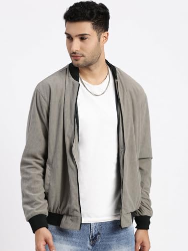 Image of SHOWOFFFF Men Solid Bomber Jacket | Mandarin Collar Full Sleeves Corduroy Jacket for Mens | Slim Fit Regular Length Jacket for Men's