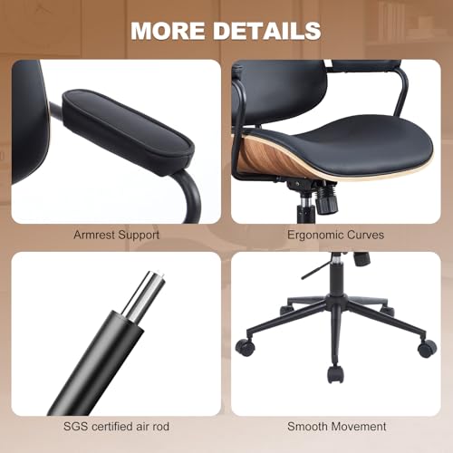 Image of Mid Century Modern Office Chair with Adjustable Backrest, Wooden Desk Chair with Armrests, Swivel Height Adjustable Home Office Chair, Comfortable Task Chair for Home Office, Black