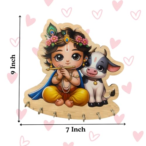 Image of Krishna Key Holder for Wall - Baby Krishna with Cow Key Stand with 7 Hooks - Wooden Wall Mounted Key Hanger for Home Decor - 7x9 Inch - No Drill Installation