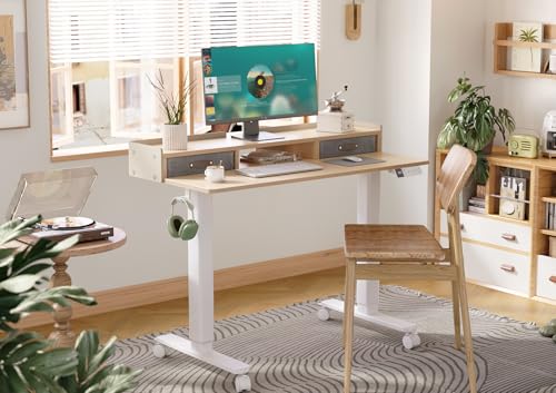 Image of Claiks Standing Desk with Drawers & Wheels, 2 Height Shelf 48 inch Natural