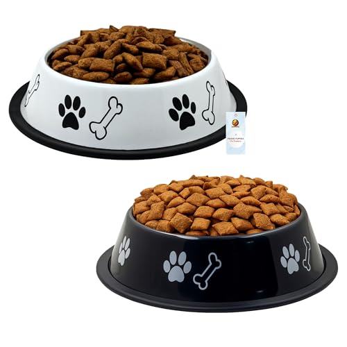 Image of Foodie Puppies Stainless Steel Dog Bowl Combo - (Medium, 700ml) Food and Water Feeding Gift Bowl | Suitable for Dogs, Cats and Other Pets I Paw Bone Print, Anti-Skid Rubber Base (White + Black)