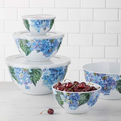 Image of Amazon Basics Mixing Bowls with Lids, Nesting Melamine Serving Bowls, Non-Slip Base, BPA Free, Dishwasher Safe, 5 Sizes, Hydrangea Floral, Set of 10