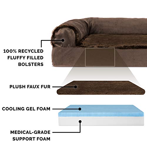 Image of Furhaven Cooling Gel Dog Bed for Large Dogs w / Removable Bolsters & Washable Cover, For Dogs Up to 125 lbs - Plush & Velvet L Shaped Chaise - Sable Brown, Jumbo Plus /XXL