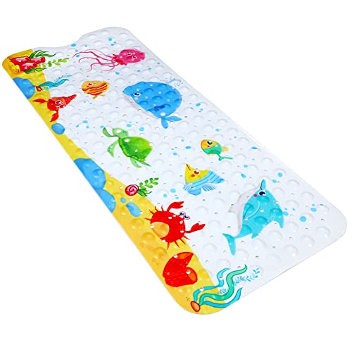 Secopad Kids Bath Mat for Tub Non Slip, 40 X 16 Inch Large Cartoon Whale Anti Slip Toddler Baby Bath Mat, Left Drain