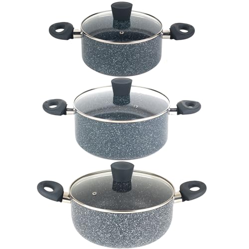 Russell Hobbs COMBO-9112 Nightfall Stone Stockpot Set – Non-Stick Cooking Pots, Tempered Glass Lids, Induction, Lightweight Aluminium Cookware, Easy Clean, PFOA-Free, Soft-Touch Handles, 20/24/28 cm