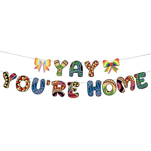 Yay! You're Home, striscione pre-incordato, colorato, bohémien, con scritta "Welcome Back Home", per decorazioni per riunioni di famiglia, feste di inaugurazione della casa
