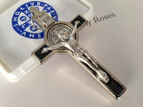 St Benedict Cross Medal Crucifix 3" Tall Silver Plated with Dark Brown Enamel