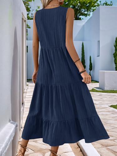 Image of HELYO Women's Casual Summer Dress 2026 Sleeveless V Neck Button Beach Sundress Tiered Ruffle Flows Skirt Midi Dresses