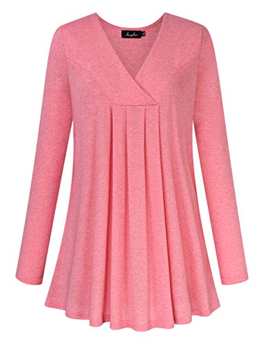 AMZ PLUS Women's Plus Size V-Neck Pleated Henley Tops Flowy Loose Blouse Casual Tunic Tee Shirt Solid Color Long Sleeves Pink 3XL