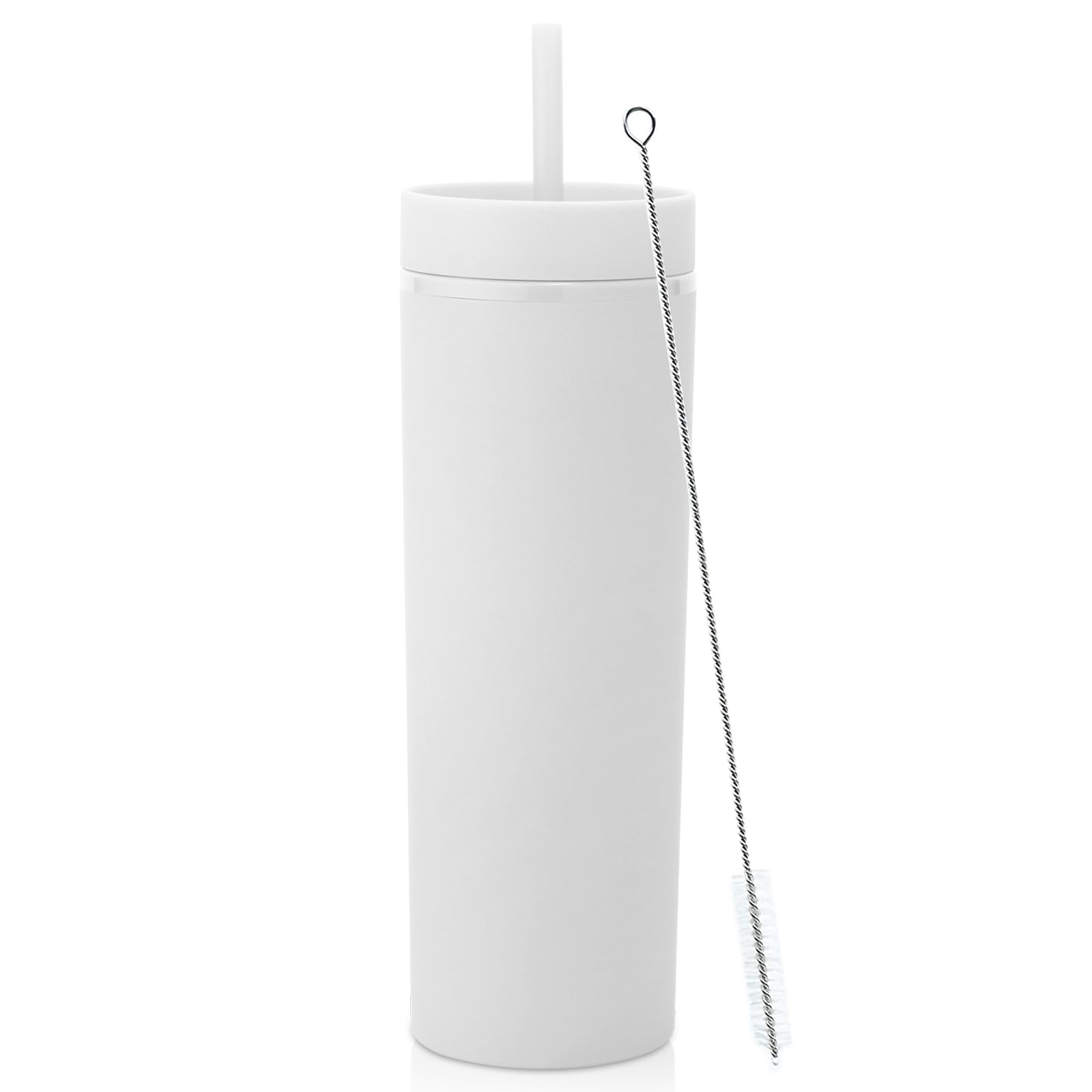 Volhoply 550ML Plastic Skinny Tumbler,Double Wall Tumblers with Lid and Straw,Reusable Iced Coffee Mug,BPA Free Matte Acrylic Water Cups with Straw for Parties,DIY Gifts(White,1 Set)