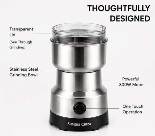 Image of Electric Mixer Grinder 300W Stainless Steel Coffee & Spice Grinder Machine, Portable Dry Masala Grinder with One Touch Operation, Grinder for Coffee Beans, Spices, Nuts & Grains Home Kitchen