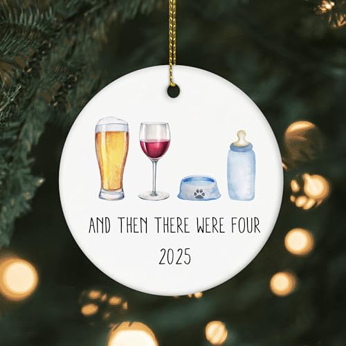 Image of and Then There were Four Ornament, Family of Four with Dog Ornament 2025, First Time Parents, from Dog Parent to Baby Christmas Ceramic
