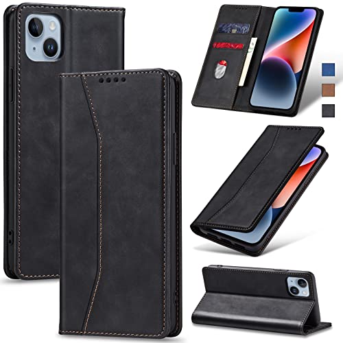 Image of Jasonyu Flip Wallet Case for iPhone 14,Leather Magnetic Folio Cover with Card Holder,Kickstand - TPU Shockproof Durable Protective Phone Case,Black