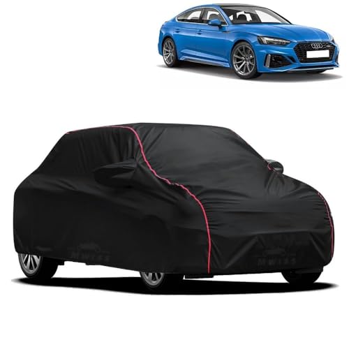 Image of Waterproof Car Cover for Audi RS5 | All-Weather Protection, Dustproof & UV Resistant | Triple Stitched Mirror Pockets, Windproof Buckle Strap with Elastic Hem, Black-Red Piping