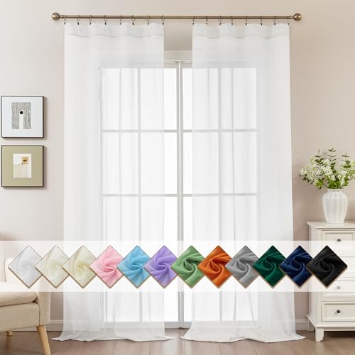 Image of White Sheer Curtains 96 Inches Long, Privacy Semi Sheer Curtains for Living Room Bedroom, Light Filtering Rod Pocket Voile Window Drapes 2 Panels Set, Each 42 inch W x 96 inch L
