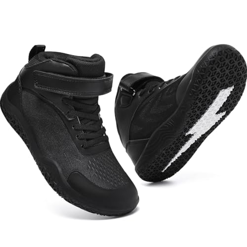 ziitop Kids Wrestling Shoes Youth Boys Girls - Wide Toe Box Zero Drop Hook and Loop Breathable Boxing Shoe Black