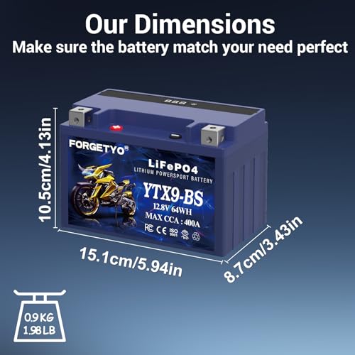 Image of Lithium YTX9-BS, LiFePO4 Motorcycle Battery, 12V 5AH 400A ATV, UTV, Jet Ski, 4 Wheeler,Snowmobile,Tractor and Generator Battery